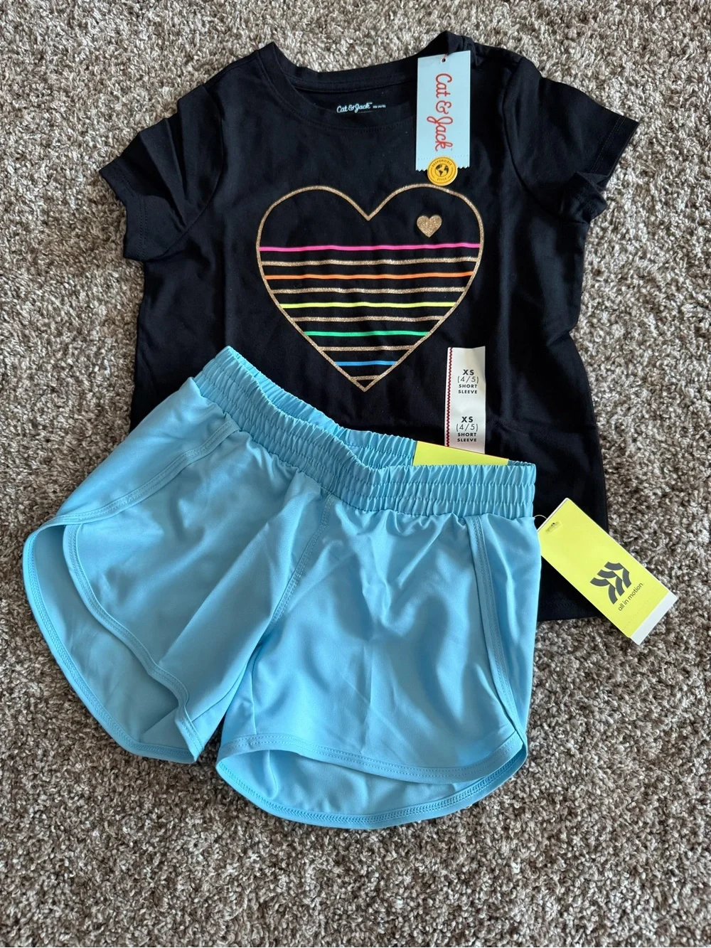 Cat & Jack Black Heart Stripe Tee with Light Blue Shorts Set